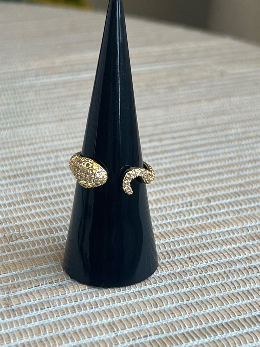 Adjustable Gold Pave Snake  ring with green eyes